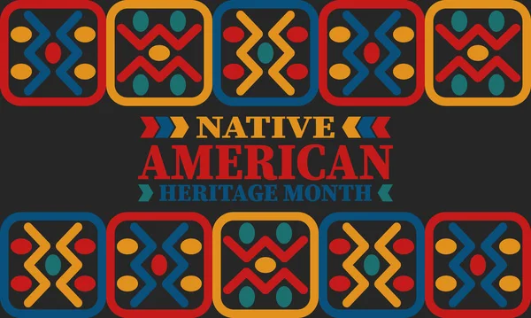 美洲原住民传统月 美国印第安文化 每年11月在美国庆祝 印度的传统模式 海报和横幅矢量真伪饰品 族裔图解 — 图库矢量图片