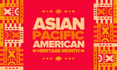 Mayıs 'ta Asya Pasifik Amerikan Mirası Ayı. Amerika Birleşik Devletleri 'ndeki Asya kökenli Amerikalıların ve Pasifik Adalılarının kültürünü, geleneklerini ve tarihini kutlar. Vektör posteri. Doğu desenli resim
