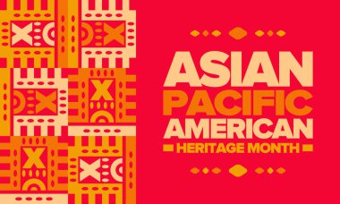 Mayıs 'ta Asya Pasifik Amerikan Mirası Ayı. Amerika Birleşik Devletleri 'ndeki Asya kökenli Amerikalıların ve Pasifik Adalılarının kültürünü, geleneklerini ve tarihini kutlar. Vektör posteri. Doğu desenli resim