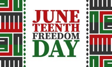 Haziran 'da. Haziranda Özgürlük ve Özgürlük Günü. Bağımsızlık Günü. Yıllık Afro-Amerikan bayramı, 19 Haziran 'da kutlandı. Amerikan tarihi ve mirası. Vektör posteri, illüstrasyon ve afiş