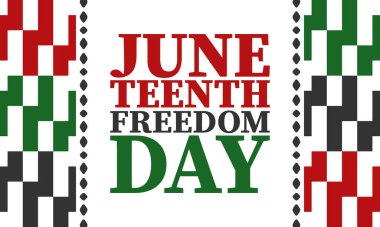 Haziran 'da. Haziranda Özgürlük ve Özgürlük Günü. Bağımsızlık Günü. Yıllık Afro-Amerikan bayramı, 19 Haziran 'da kutlandı. Amerikan tarihi ve mirası. Vektör posteri, illüstrasyon ve afiş