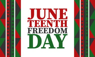 Haziran 'da. Haziranda Özgürlük ve Özgürlük Günü. Bağımsızlık Günü. Yıllık Afro-Amerikan bayramı, 19 Haziran 'da kutlandı. Amerikan tarihi ve mirası. Vektör posteri, illüstrasyon ve afiş