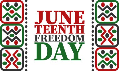 Haziran 'da. Haziranda Özgürlük ve Özgürlük Günü. Bağımsızlık Günü. Yıllık Afro-Amerikan bayramı, 19 Haziran 'da kutlandı. Amerikan tarihi ve mirası. Vektör posteri, illüstrasyon ve afiş