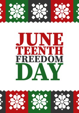 Haziran 'da. Haziranda Özgürlük ve Özgürlük Günü. Bağımsızlık Günü. Yıllık Afro-Amerikan bayramı, 19 Haziran 'da kutlandı. Amerikan tarihi ve mirası. Vektör posteri, illüstrasyon ve afiş