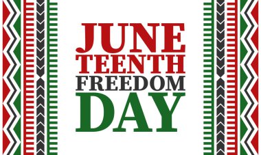 Haziran 'da. Haziranda Özgürlük ve Özgürlük Günü. Bağımsızlık Günü. Yıllık Afro-Amerikan bayramı, 19 Haziran 'da kutlandı. Amerikan tarihi ve mirası. Vektör posteri, illüstrasyon ve afiş