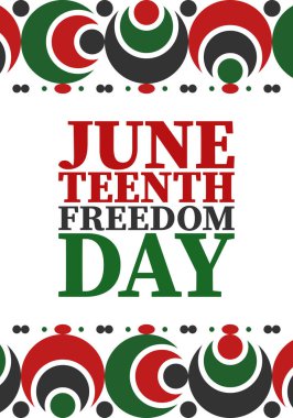Haziran 'da. Haziranda Özgürlük ve Özgürlük Günü. Bağımsızlık Günü. Yıllık Afro-Amerikan bayramı, 19 Haziran 'da kutlandı. Amerikan tarihi ve mirası. Vektör posteri, illüstrasyon ve afiş
