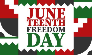 Haziran 'da. Haziranda Özgürlük ve Özgürlük Günü. Bağımsızlık Günü. Yıllık Afro-Amerikan bayramı, 19 Haziran 'da kutlandı. Amerikan tarihi ve mirası. Vektör posteri, illüstrasyon ve afiş