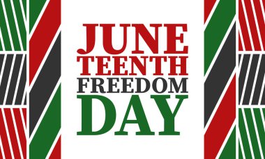 Haziran 'da. Haziranda Özgürlük ve Özgürlük Günü. Bağımsızlık Günü. Yıllık Afro-Amerikan bayramı, 19 Haziran 'da kutlandı. Amerikan tarihi ve mirası. Vektör posteri, illüstrasyon ve afiş