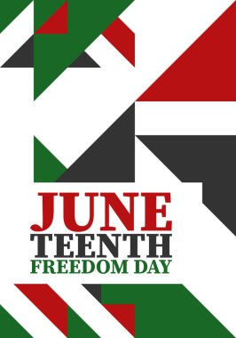 Haziran 'da. Haziranda Özgürlük ve Özgürlük Günü. Bağımsızlık Günü. Yıllık Afro-Amerikan bayramı, 19 Haziran 'da kutlandı. Amerikan tarihi ve mirası. Vektör posteri, illüstrasyon ve afiş