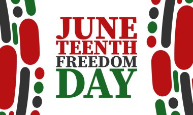 Haziran 'da. Haziranda Özgürlük ve Özgürlük Günü. Bağımsızlık Günü. Yıllık Afro-Amerikan bayramı, 19 Haziran 'da kutlandı. Amerikan tarihi ve mirası. Vektör posteri, illüstrasyon ve afiş