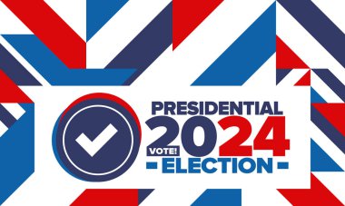 Birleşik Devletler 'de 2024 Başkanlık Seçimi. Oylama günü, 5 Kasım. Amerikan seçim kampanyası. Seçimini yap! Vatansever Amerikan vektör illüstrasyonu. Poster, kart, afiş ve arkaplan