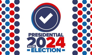 Birleşik Devletler 'de 2024 Başkanlık Seçimi. Oylama günü, 5 Kasım. Amerikan seçim kampanyası. Seçimini yap! Vatansever Amerikan vektör illüstrasyonu. Poster, kart, afiş ve arkaplan