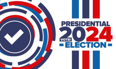 Birleşik Devletler 'de 2024 Başkanlık Seçimi. Oylama günü, 5 Kasım. Amerikan seçim kampanyası. Seçimini yap! Vatansever Amerikan vektör illüstrasyonu. Poster, kart, afiş ve arkaplan