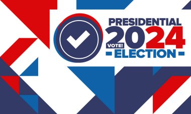 Birleşik Devletler 'de 2024 Başkanlık Seçimi. Oylama günü, 5 Kasım. Amerikan seçim kampanyası. Seçimini yap! Vatansever Amerikan vektör illüstrasyonu. Poster, kart, afiş ve arkaplan