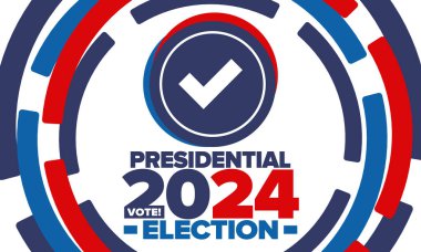 Birleşik Devletler 'de 2024 Başkanlık Seçimi. Oylama günü, 5 Kasım. Amerikan seçim kampanyası. Seçimini yap! Vatansever Amerikan vektör illüstrasyonu. Poster, kart, afiş ve arkaplan