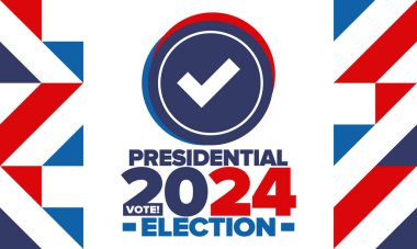 Birleşik Devletler 'de 2024 Başkanlık Seçimi. Oylama günü, 5 Kasım. Amerikan seçim kampanyası. Seçimini yap! Vatansever Amerikan vektör illüstrasyonu. Poster, kart, afiş ve arkaplan