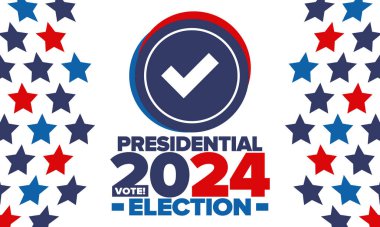 Birleşik Devletler 'de 2024 Başkanlık Seçimi. Oylama günü, 5 Kasım. Amerikan seçim kampanyası. Seçimini yap! Vatansever Amerikan vektör illüstrasyonu. Poster, kart, afiş ve arkaplan