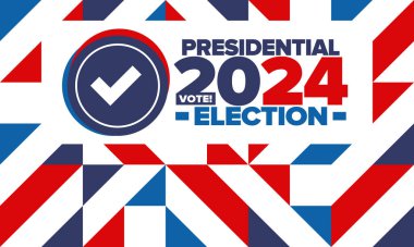 Birleşik Devletler 'de 2024 Başkanlık Seçimi. Oylama günü, 5 Kasım. Amerikan seçim kampanyası. Seçimini yap! Vatansever Amerikan vektör illüstrasyonu. Poster, kart, afiş ve arkaplan