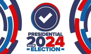 Birleşik Devletler 'de 2024 Başkanlık Seçimi. Oylama günü, 5 Kasım. Amerikan seçim kampanyası. Seçimini yap! Vatansever Amerikan vektör illüstrasyonu. Poster, kart, afiş ve arkaplan