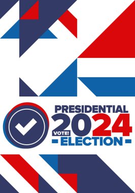 Birleşik Devletler 'de 2024 Başkanlık Seçimi. Oylama günü, 5 Kasım. Amerikan seçim kampanyası. Seçimini yap! Vatansever Amerikan vektör illüstrasyonu. Poster, kart, afiş ve arkaplan