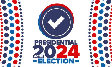 Birleşik Devletler 'de 2024 Başkanlık Seçimi. Oylama günü, 5 Kasım. Amerikan seçim kampanyası. Seçimini yap! Vatansever Amerikan vektör illüstrasyonu. Poster, kart, afiş ve arkaplan