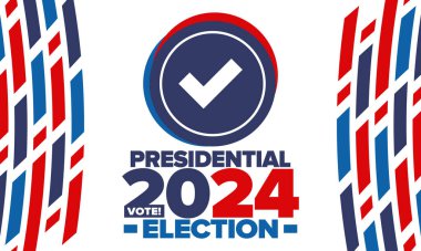 Birleşik Devletler 'de 2024 Başkanlık Seçimi. Oylama günü, 5 Kasım. Amerikan seçim kampanyası. Seçimini yap! Vatansever Amerikan vektör illüstrasyonu. Poster, kart, afiş ve arkaplan