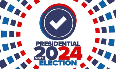Birleşik Devletler 'de 2024 Başkanlık Seçimi. Oylama günü, 5 Kasım. Amerikan seçim kampanyası. Seçimini yap! Vatansever Amerikan vektör illüstrasyonu. Poster, kart, afiş ve arkaplan