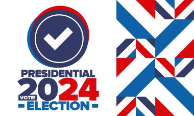 Birleşik Devletler 'de 2024 Başkanlık Seçimi. Oylama günü, 5 Kasım. Amerikan seçim kampanyası. Seçimini yap! Vatansever Amerikan vektör illüstrasyonu. Poster, kart, afiş ve arkaplan