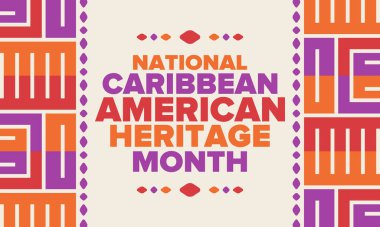 Haziran 'da Karayip Amerikan Mirası Ayı. Amerika 'nın insanlarına Kültür Ayı. Yıldönümünü festivalle kutlayın. İyi tatiller. Poster, kart, afiş ve geçmiş. Vektör illüstrasyonu