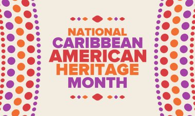 Haziran 'da Karayip Amerikan Mirası Ayı. Amerika 'nın insanlarına Kültür Ayı. Yıldönümünü festivalle kutlayın. İyi tatiller. Poster, kart, afiş ve geçmiş. Vektör illüstrasyonu