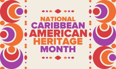 Haziran 'da Karayip Amerikan Mirası Ayı. Amerika 'nın insanlarına Kültür Ayı. Yıldönümünü festivalle kutlayın. İyi tatiller. Poster, kart, afiş ve geçmiş. Vektör illüstrasyonu