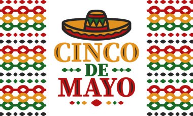 Meksika 'da Cinco de Mayo. Mayıs ayındaki geleneksel Meksika şenliği. Karnaval, festival ve geçit töreniyle ulusal mutlu bayramlar. Latin Amerika ve İspanyol tarzı. Sombrero ile illüstrasyon. Vektör posteri