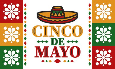 Meksika 'da Cinco de Mayo. Mayıs ayındaki geleneksel Meksika şenliği. Karnaval, festival ve geçit töreniyle ulusal mutlu bayramlar. Latin Amerika ve İspanyol tarzı. Sombrero ile illüstrasyon. Vektör posteri