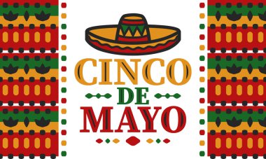 Meksika 'da Cinco de Mayo. Mayıs ayındaki geleneksel Meksika şenliği. Karnaval, festival ve geçit töreniyle ulusal mutlu bayramlar. Latin Amerika ve İspanyol tarzı. Sombrero ile illüstrasyon. Vektör posteri