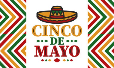 Meksika 'da Cinco de Mayo. Mayıs ayındaki geleneksel Meksika şenliği. Karnaval, festival ve geçit töreniyle ulusal mutlu bayramlar. Latin Amerika ve İspanyol tarzı. Sombrero ile illüstrasyon. Vektör posteri