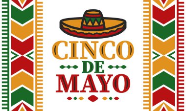 Meksika 'da Cinco de Mayo. Mayıs ayındaki geleneksel Meksika şenliği. Karnaval, festival ve geçit töreniyle ulusal mutlu bayramlar. Latin Amerika ve İspanyol tarzı. Sombrero ile illüstrasyon. Vektör posteri