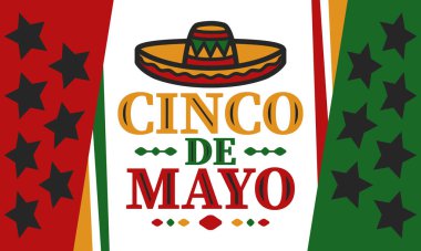 Meksika 'da Cinco de Mayo. Mayıs ayındaki geleneksel Meksika şenliği. Karnaval, festival ve geçit töreniyle ulusal mutlu bayramlar. Latin Amerika ve İspanyol tarzı. Sombrero ile illüstrasyon. Vektör posteri