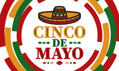 Meksika 'da Cinco de Mayo. Mayıs ayındaki geleneksel Meksika şenliği. Karnaval, festival ve geçit töreniyle ulusal mutlu bayramlar. Latin Amerika ve İspanyol tarzı. Sombrero ile illüstrasyon. Vektör posteri