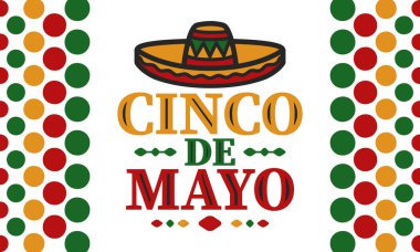 Meksika 'da Cinco de Mayo. Mayıs ayındaki geleneksel Meksika şenliği. Karnaval, festival ve geçit töreniyle ulusal mutlu bayramlar. Latin Amerika ve İspanyol tarzı. Sombrero ile illüstrasyon. Vektör posteri