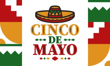 Meksika 'da Cinco de Mayo. Mayıs ayındaki geleneksel Meksika şenliği. Karnaval, festival ve geçit töreniyle ulusal mutlu bayramlar. Latin Amerika ve İspanyol tarzı. Sombrero ile illüstrasyon. Vektör posteri