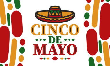 Meksika 'da Cinco de Mayo. Mayıs ayındaki geleneksel Meksika şenliği. Karnaval, festival ve geçit töreniyle ulusal mutlu bayramlar. Latin Amerika ve İspanyol tarzı. Sombrero ile illüstrasyon. Vektör posteri