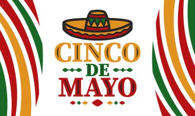 Meksika 'da Cinco de Mayo. Mayıs ayındaki geleneksel Meksika şenliği. Karnaval, festival ve geçit töreniyle ulusal mutlu bayramlar. Latin Amerika ve İspanyol tarzı. Sombrero ile illüstrasyon. Vektör posteri