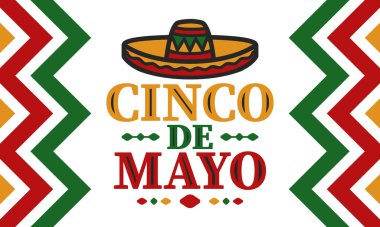 Meksika 'da Cinco de Mayo. Mayıs ayındaki geleneksel Meksika şenliği. Karnaval, festival ve geçit töreniyle ulusal mutlu bayramlar. Latin Amerika ve İspanyol tarzı. Sombrero ile illüstrasyon. Vektör posteri