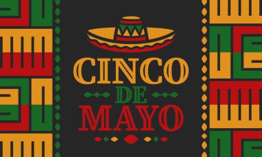 Meksika 'da Cinco de Mayo. Mayıs ayındaki geleneksel Meksika şenliği. Karnaval, festival ve geçit töreniyle ulusal mutlu bayramlar. Latin Amerika ve İspanyol tarzı. Sombrero ile illüstrasyon. Vektör posteri