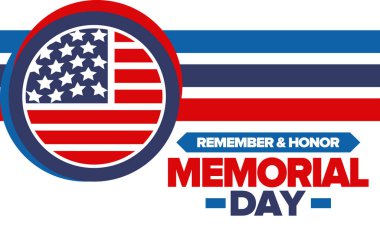 Amerika 'da Anma Günü. Unutma ve onurlandır. Birleşik Devletler Silahlı Kuvvetleri 'nde görev yaparken ölen insanları hatırlamak ve onurlandırmak için federal bayram. Mayıs 'ta kutlandı. Vektör posteri