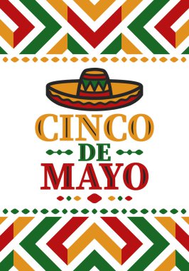 Meksika 'da Cinco de Mayo. Mayıs ayındaki geleneksel Meksika şenliği. Karnaval, festival ve geçit töreniyle ulusal mutlu bayramlar. Latin Amerika ve İspanyol tarzı. Sombrero ile illüstrasyon. Vektör posteri