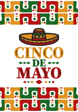 Meksika 'da Cinco de Mayo. Mayıs ayındaki geleneksel Meksika şenliği. Karnaval, festival ve geçit töreniyle ulusal mutlu bayramlar. Latin Amerika ve İspanyol tarzı. Sombrero ile illüstrasyon. Vektör posteri