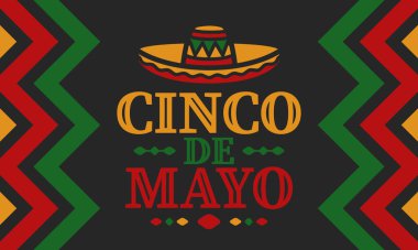 Meksika 'da Cinco de Mayo. Mayıs ayındaki geleneksel Meksika şenliği. Karnaval, festival ve geçit töreniyle ulusal mutlu bayramlar. Latin Amerika ve İspanyol tarzı. Sombrero ile illüstrasyon. Vektör posteri