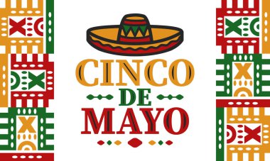 Meksika 'da Cinco de Mayo. Mayıs ayındaki geleneksel Meksika şenliği. Karnaval, festival ve geçit töreniyle ulusal mutlu bayramlar. Latin Amerika ve İspanyol tarzı. Sombrero ile illüstrasyon. Vektör posteri