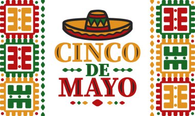 Meksika 'da Cinco de Mayo. Mayıs ayındaki geleneksel Meksika şenliği. Karnaval, festival ve geçit töreniyle ulusal mutlu bayramlar. Latin Amerika ve İspanyol tarzı. Sombrero ile illüstrasyon. Vektör posteri